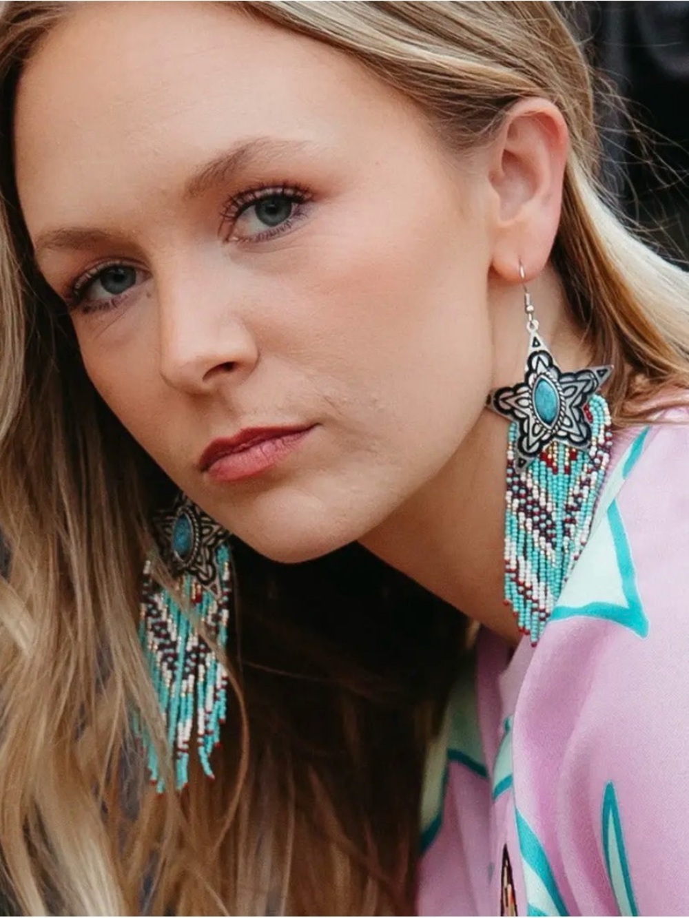NWT Turquoise Beaded Star Fringe Earrings - Women Jewelry